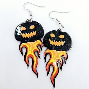 Halloween Fiery Black Jack O'Lantern Earrings Flame New